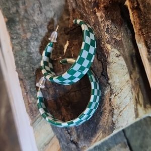 𝅺Green Checkered  Acrylic Hoop Earrings 925 Post